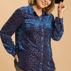 UMGEE Animal Print Long Sleeve Velvet Button up Top with Pockets